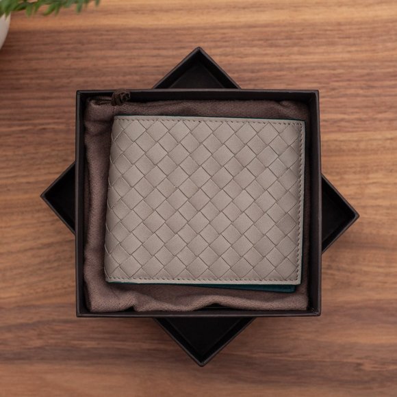 Bottega Veneta Intrecciato Woven Leather Bifold Wallet - Grey/Sky Blue - Picture 8 of 10